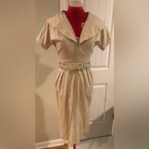 Vtg 1950s Debonair Boston Oversized Sailor Collar Front Zip Pencil Wiggle Dress